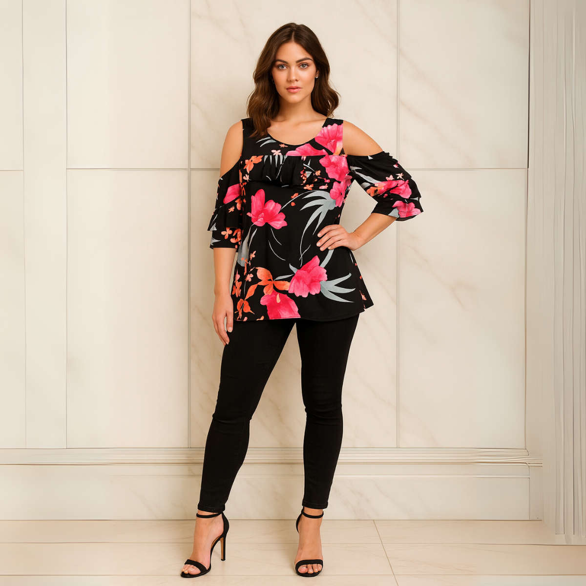 Black Tropical Open Shoulder Frilled Blouse