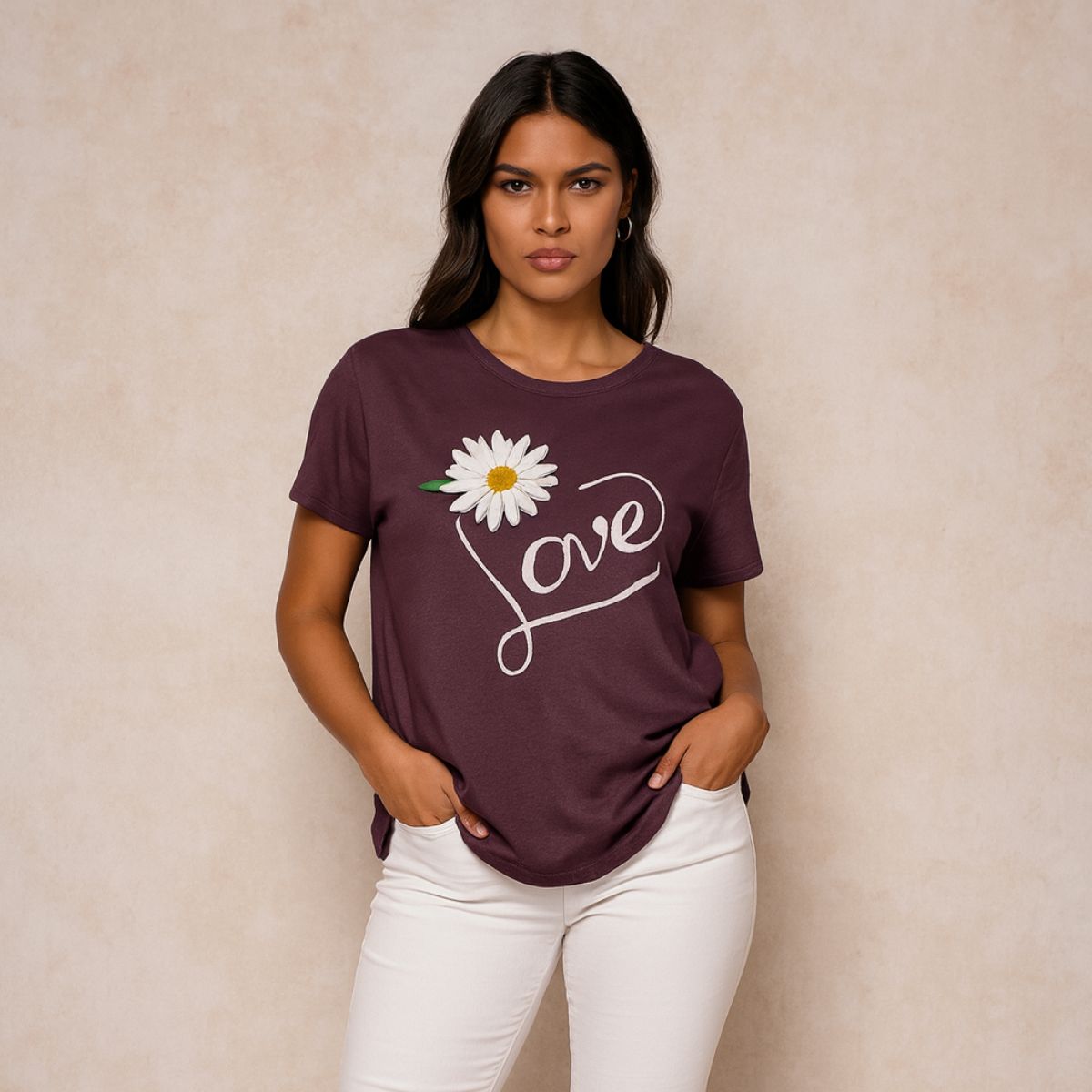 Love Heart + Daisy Print Cap Sleeve T-Shirt