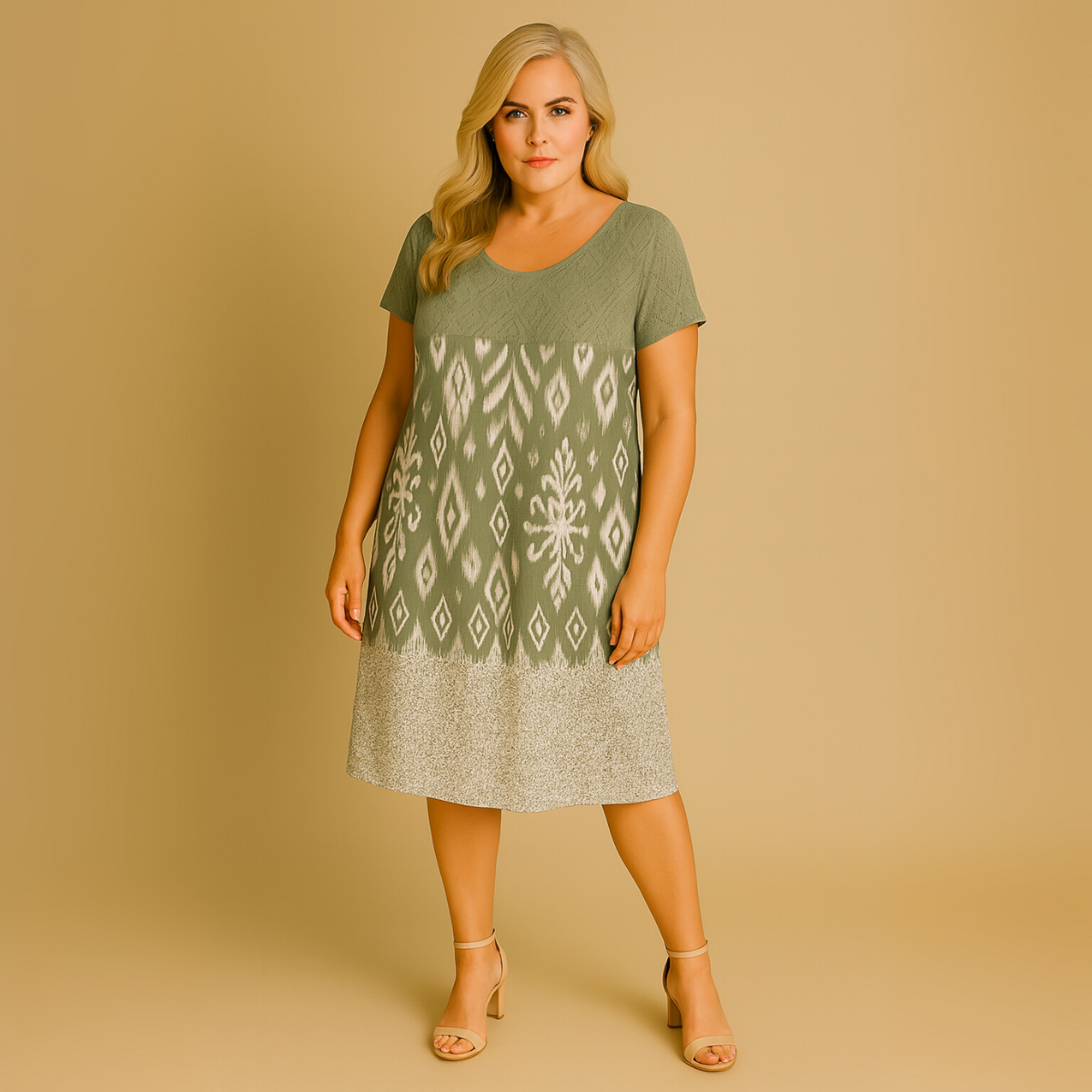 Khaki Short Sleeve Panel Hem Dress