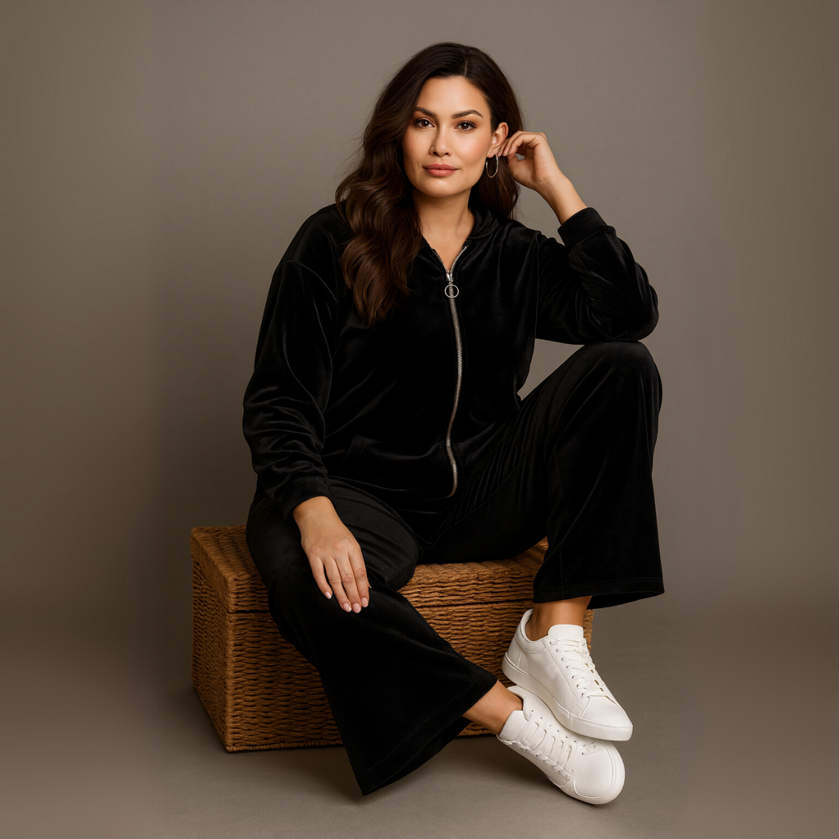 Velour Zip Up Tracksuit Set with Hood