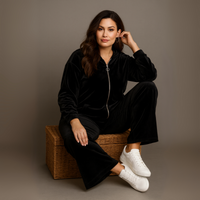 Velour Zip Up Tracksuit Set with Hood