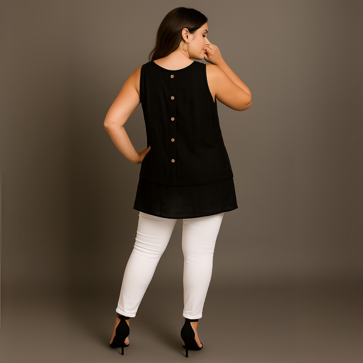 Cotton Sleeveless Long Top with Button Back