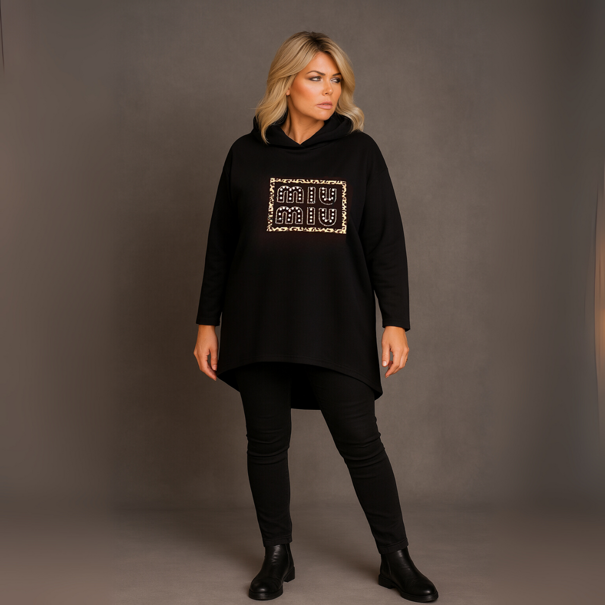 Pearl Studded Dipped Hem Long Sleeve Hoodie
