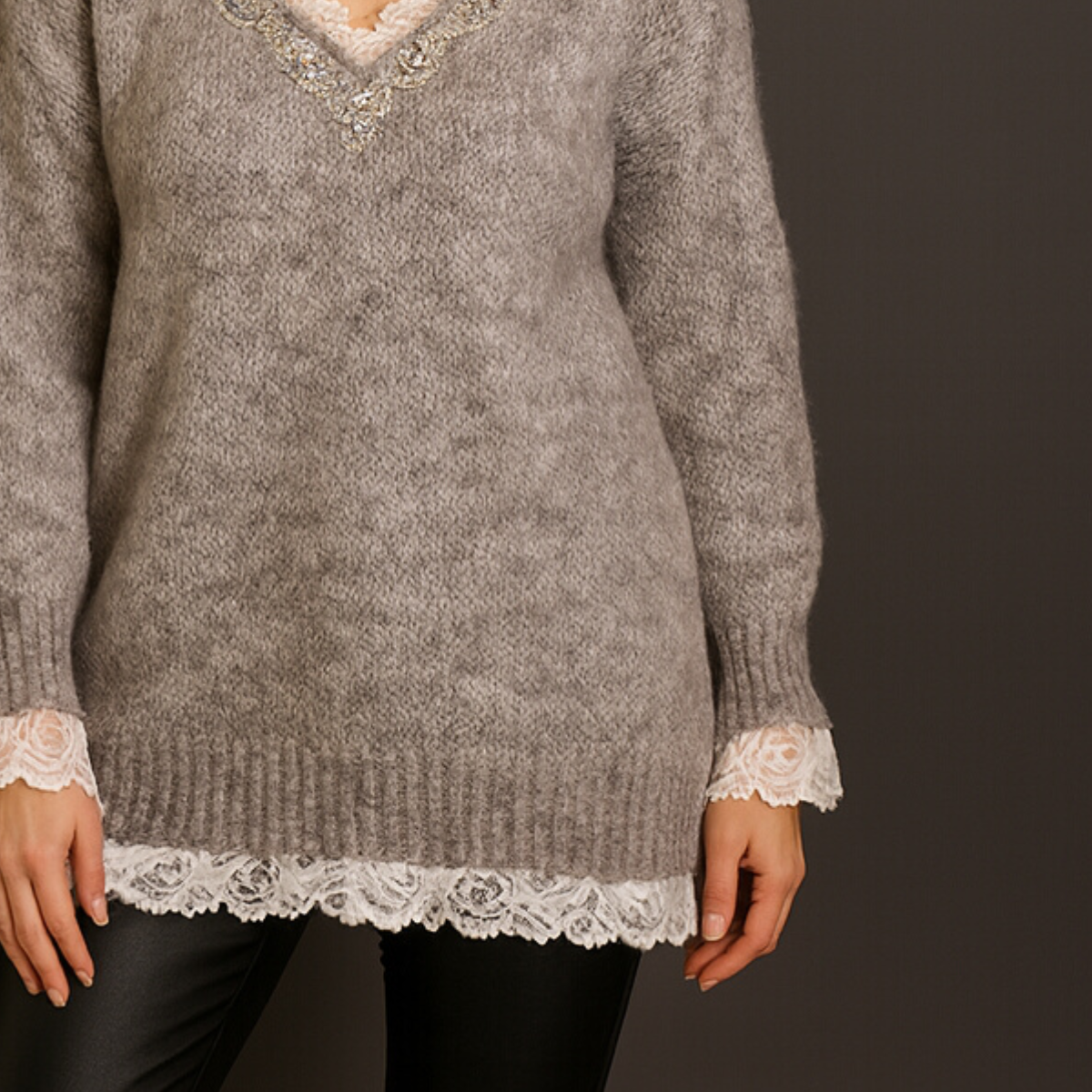 Super Soft V neck Jumper with Lace and Jewels