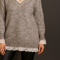 Super Soft V neck Jumper with Lace and Jewels