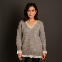 Super Soft V neck Jumper with Lace and Jewels