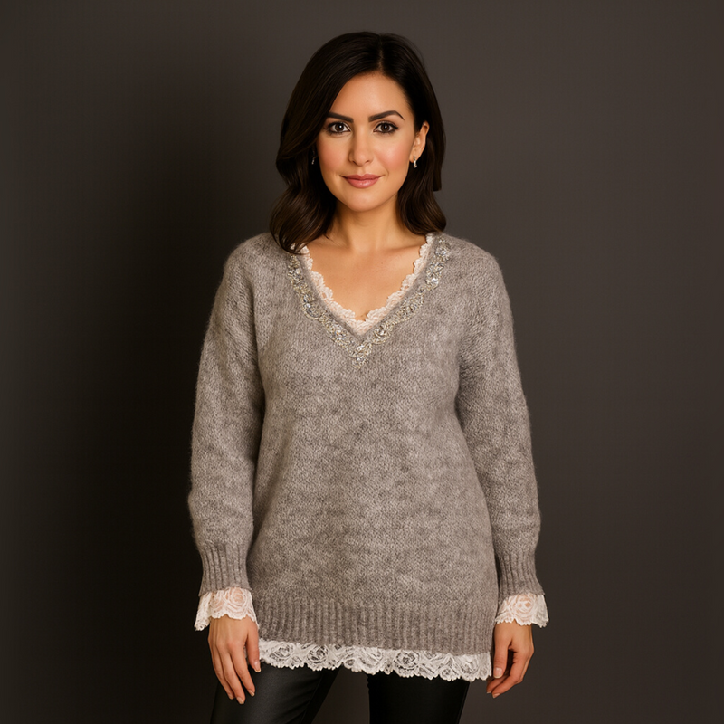 Super Soft V neck Jumper with Lace and Jewels