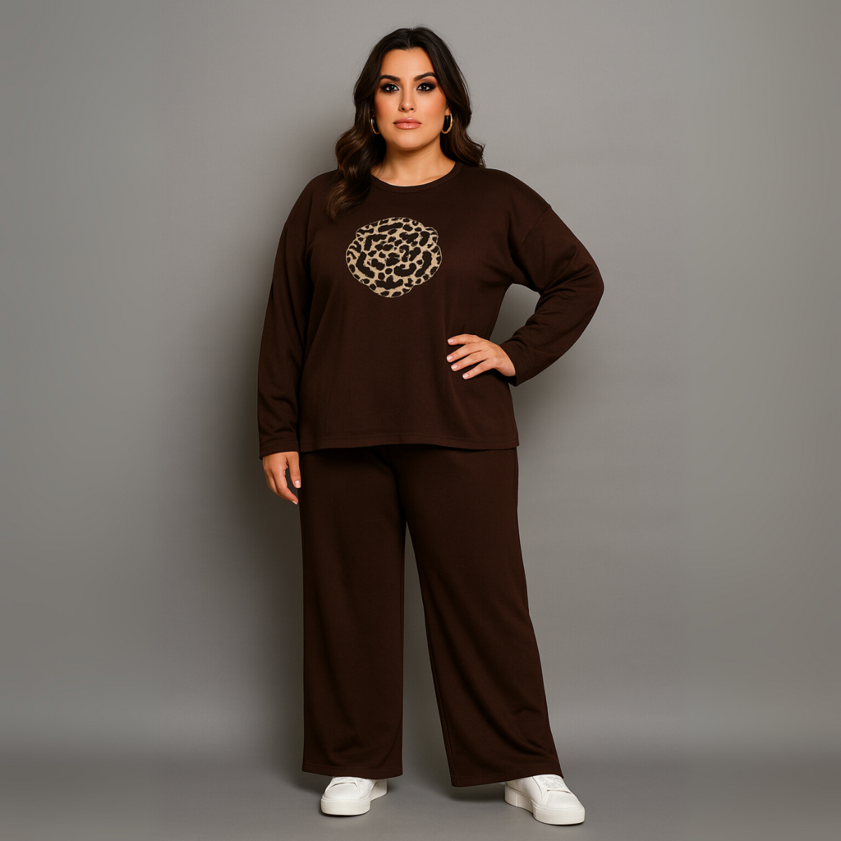 Leopard Motif Wide Leg Tracksuit Set