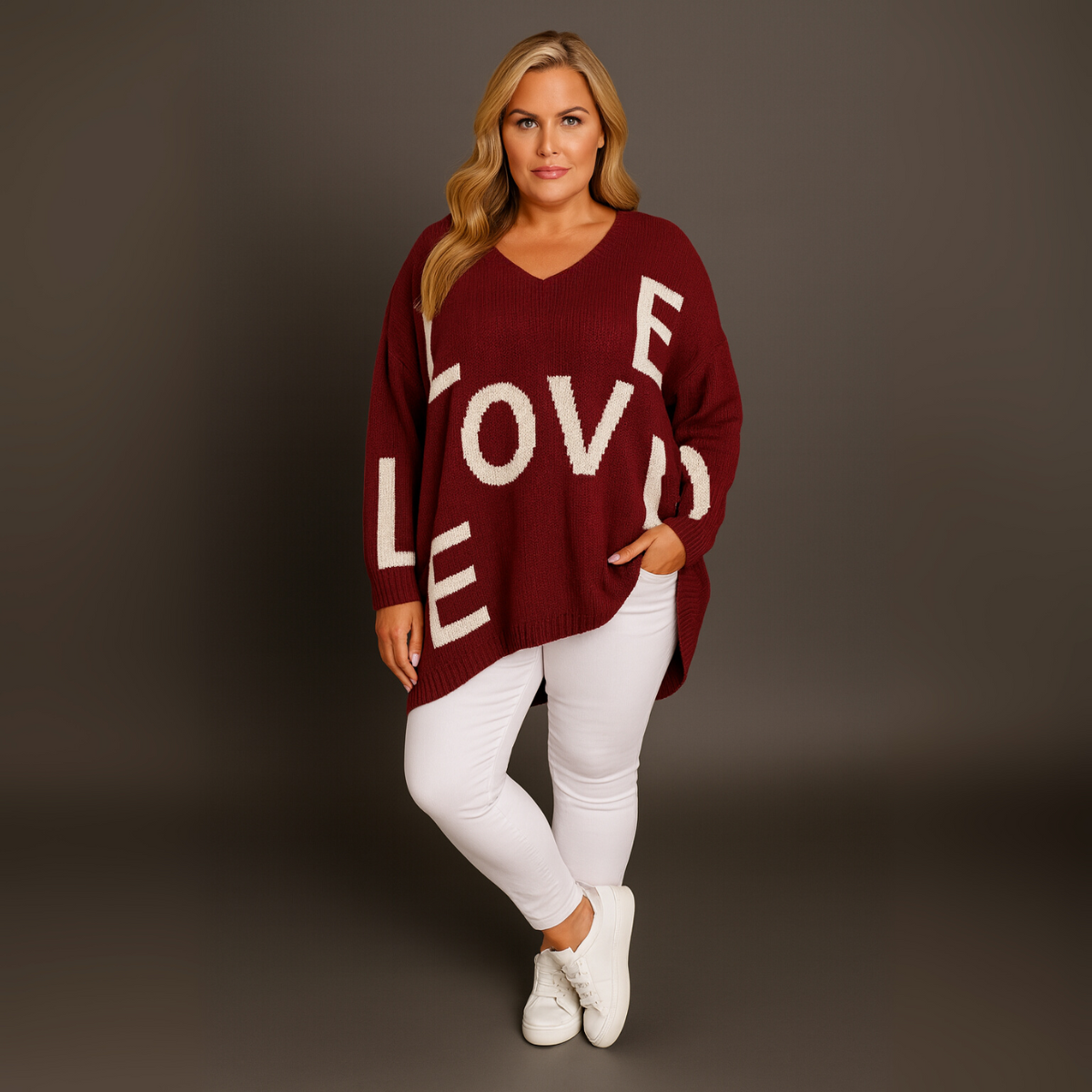 Oversized V-Neck Knitted Jumper With Love Print