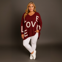 Oversized V-Neck Knitted Jumper With Love Print