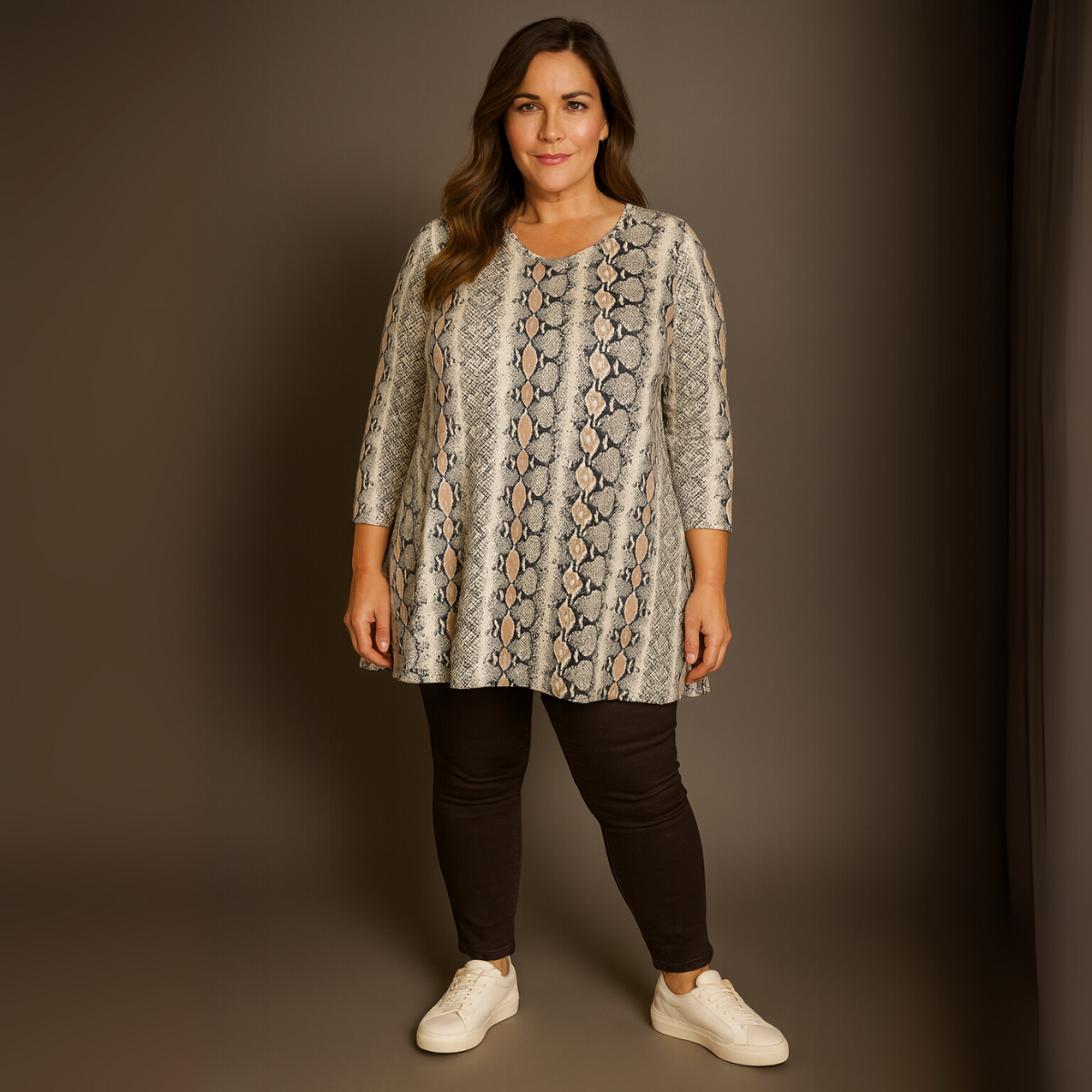 Beige Snake Print 3/4 Sleeve Swing Top