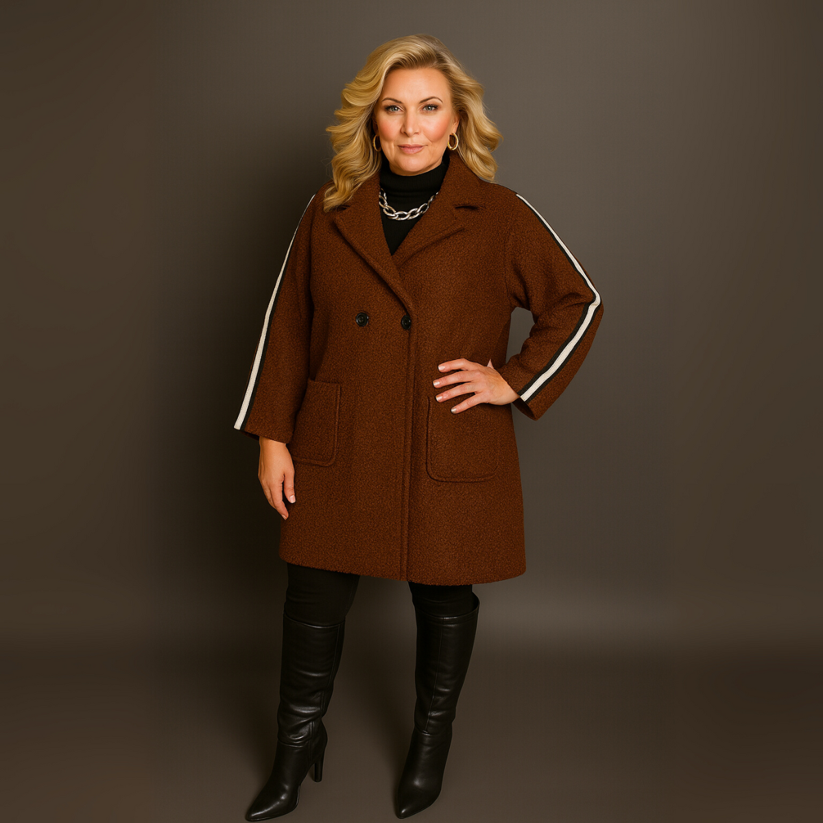 Bouclé Double Breasted Teddy Coat with Shoulder Stripes
