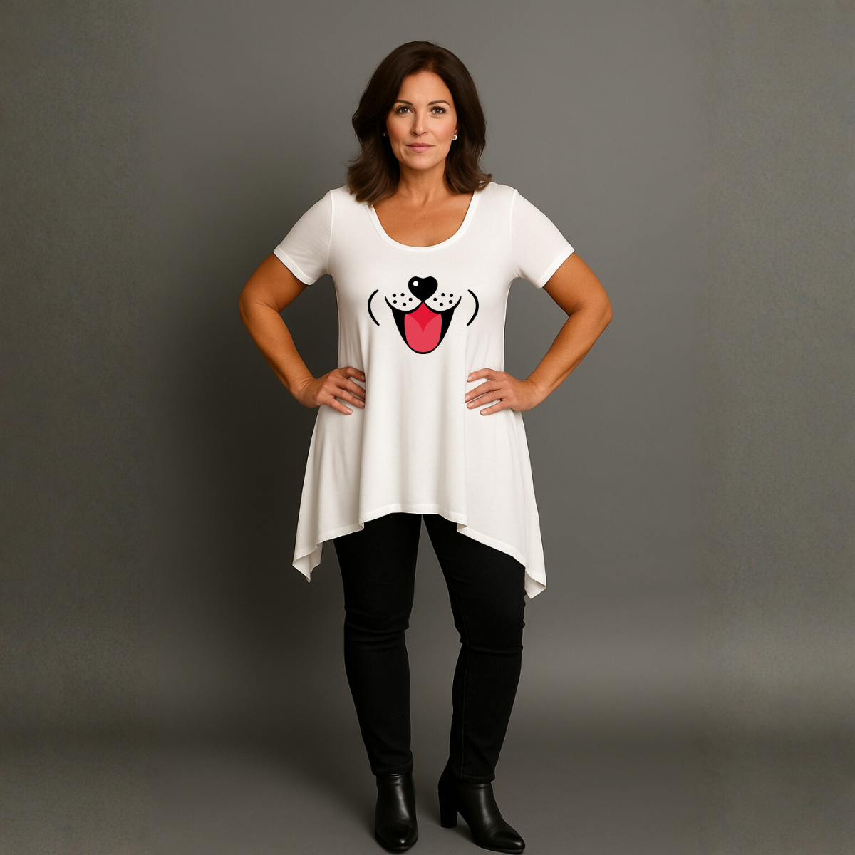 Fun Dog Face Long Length Hanky Hem Swing Top