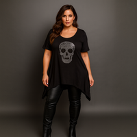 Short Sleeve Hanky Hem Studded Skull Long Length Top