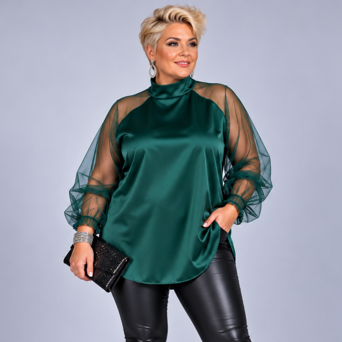 Satin Blouse with Turtle Neck and Chiffon Frilled Sleeves