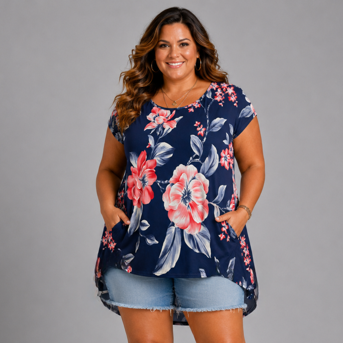 Navy Red Floral Dipped Hem Cap Sleeve Top / T-Shirt with Side Pockets