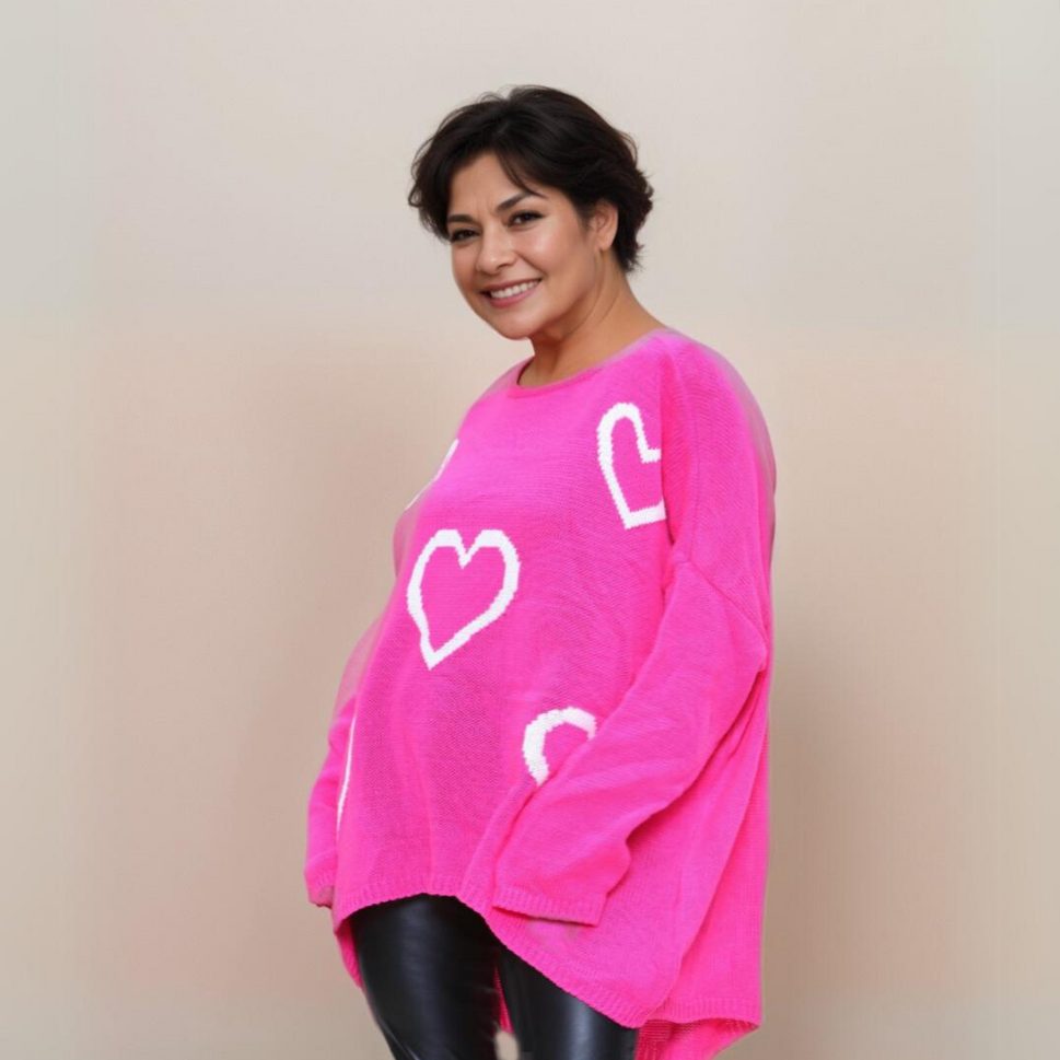 SCOOP HEM OVERSIZED KNITTED JUMPER WITH HEARTSFuchsia / UK 16-18