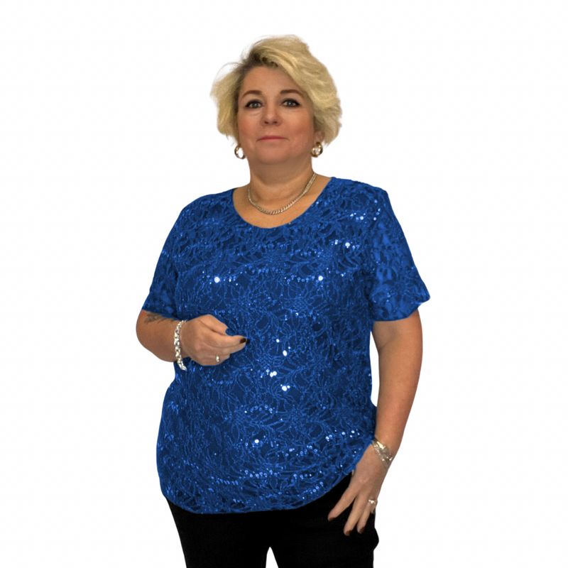 SEQUIN AND LACE SHORT SLEEVE BLOUSE / TOP