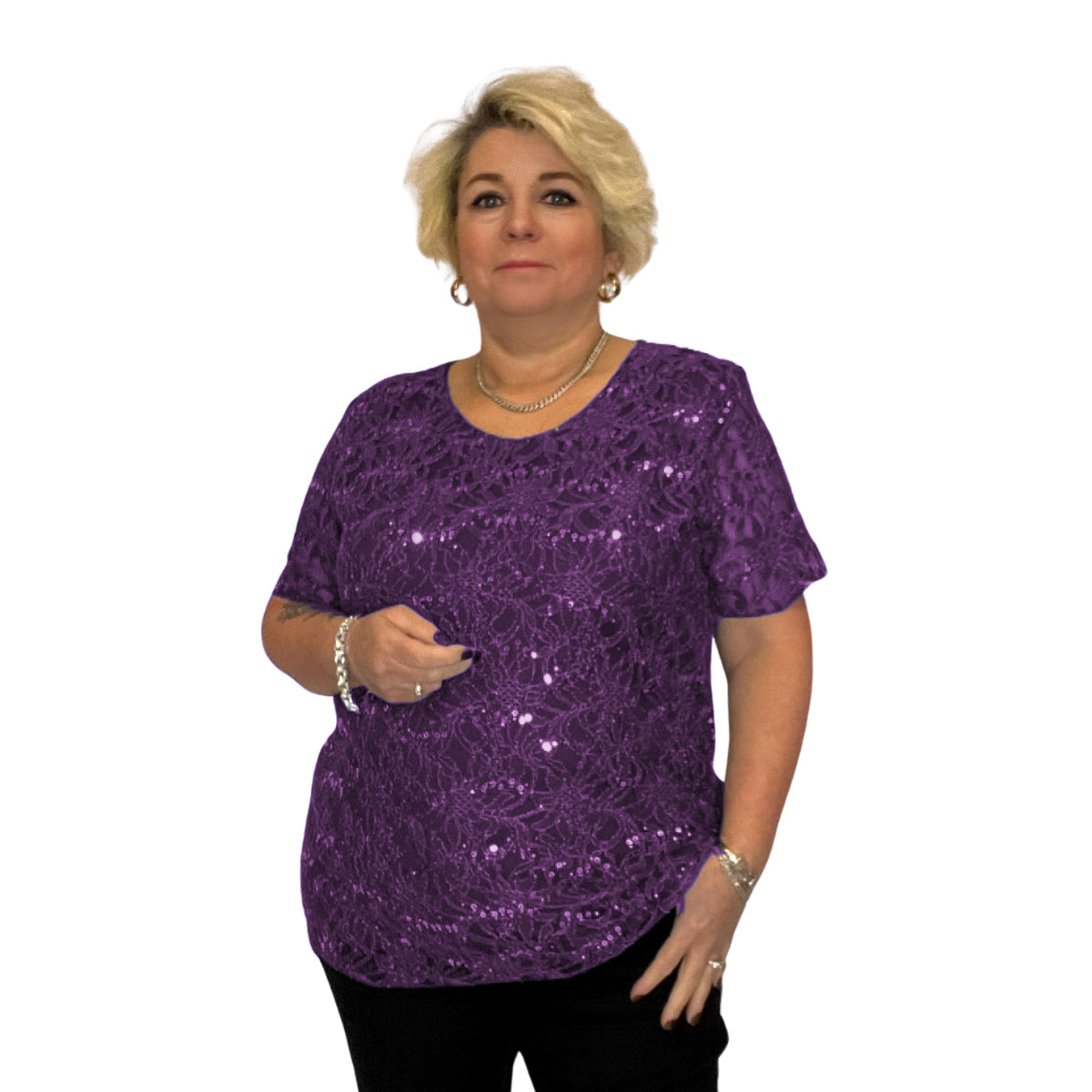 ROCKTHOSECURVES SEQUIN AND LACE SHORT SLEEVE BLOUSE / TOP