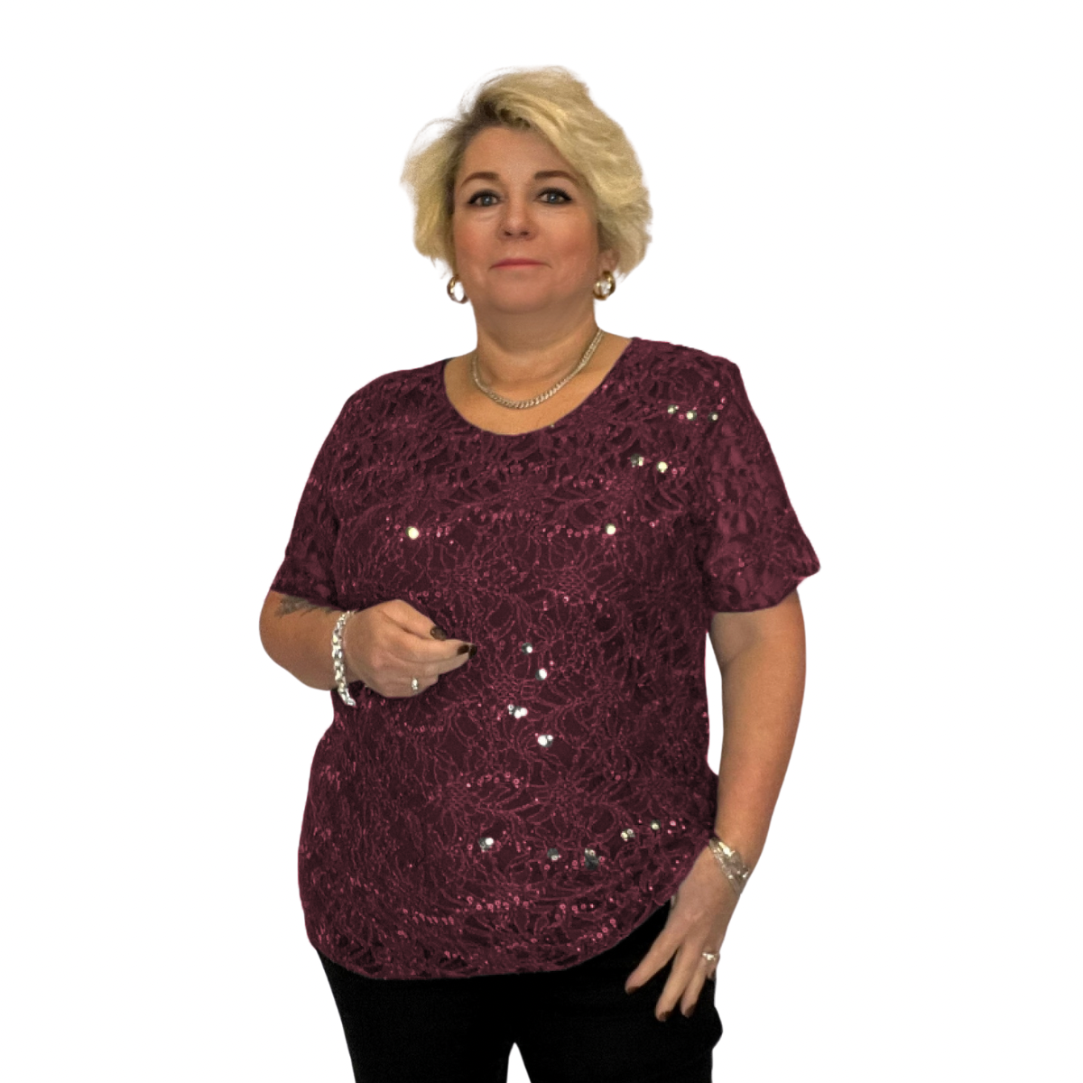 ROCKTHOSECURVES SEQUIN AND LACE SHORT SLEEVE BLOUSE / TOP