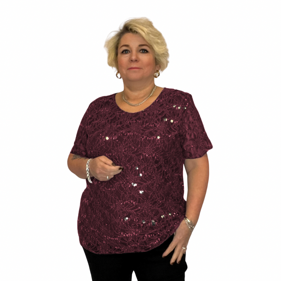 ROCKTHOSECURVES SEQUIN AND LACE SHORT SLEEVE BLOUSE / TOPWine / UK 14