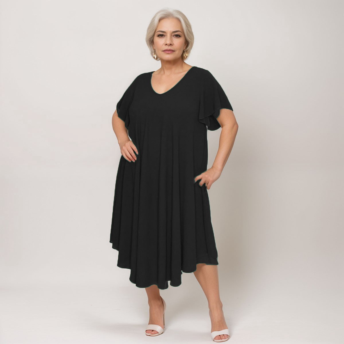 V-Neck Swing Dress with Fluted Short Sleeves