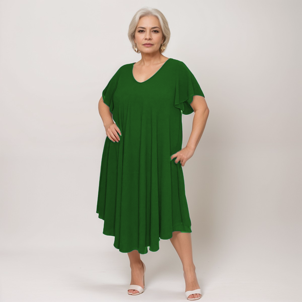 ROCKTHOSECURVES LOOSE FITTING V NECK SWING DRESS WITH FLUTED SHORT SLEEVESGreen / UK 16-18