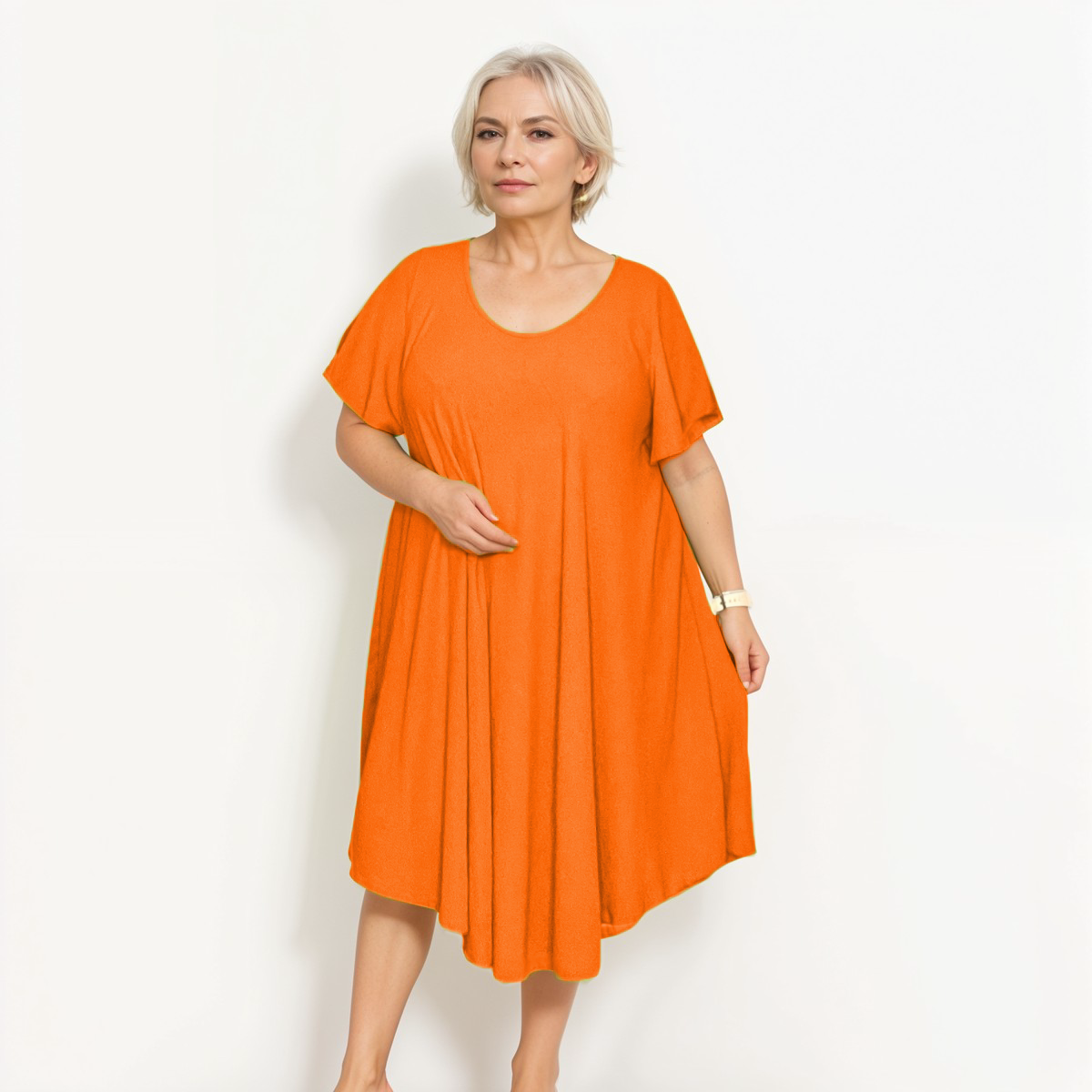 V-Neck Swing Dress with Fluted Short Sleeves