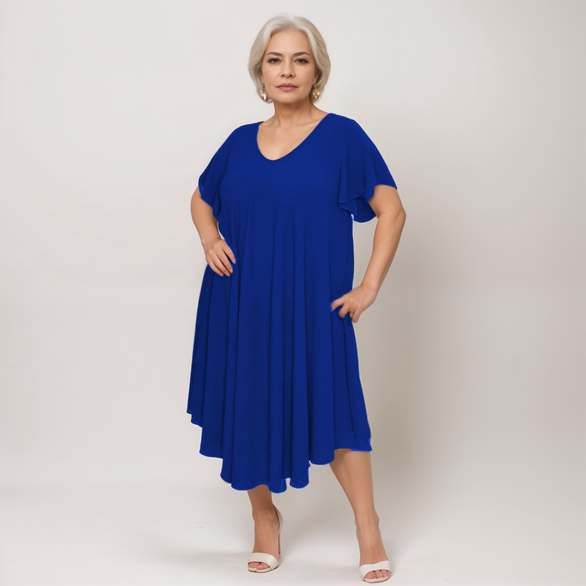 Loose-Fitting V-Neck Swing Dress with Fluted Short Sleeves