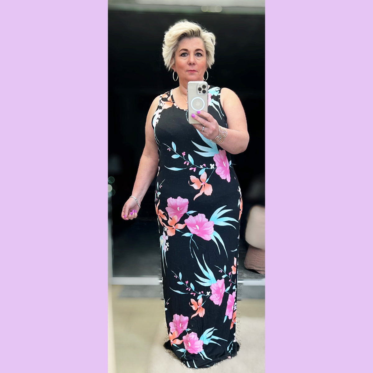 Black Tropical Sleeveless Soft jersey fitted maxi dress
