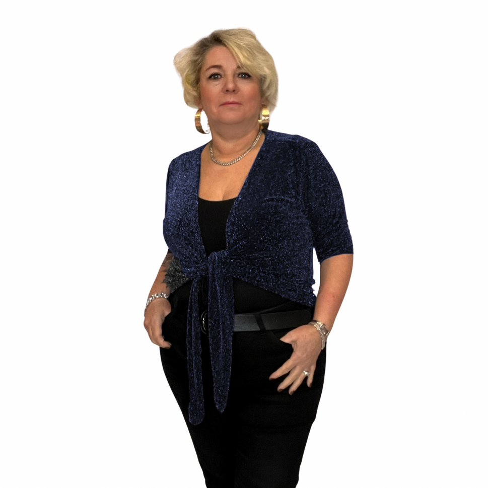 SPARKLY 1/2 SLEEVE TIE FRONT BOLERO / SHRUGBlack Blue / UK 14