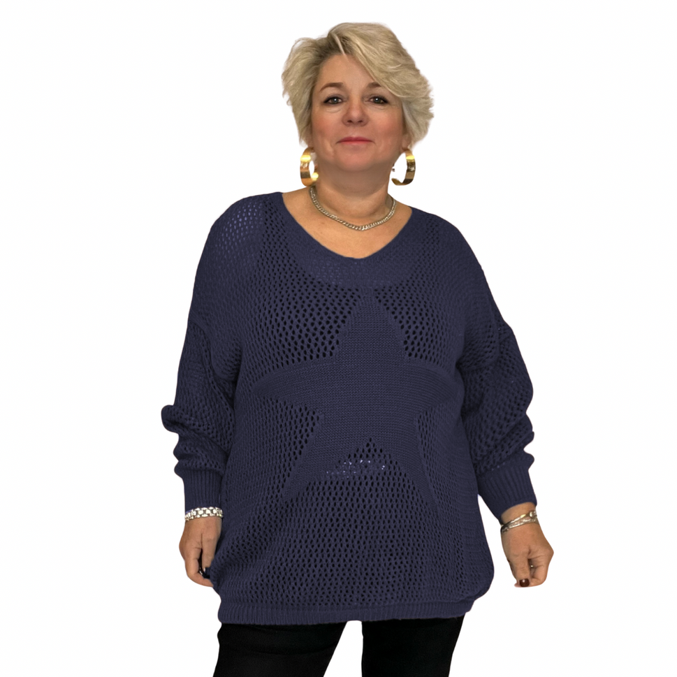 CROCHETED KNITTED V NECK STAR FRONT LONG SLEEVE JUMPERNavy / UK 16-18