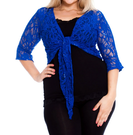 ROCKTHOSECURVES SEQUIN LACE 1/2 BELL SLEEVE TIE FRONT SHRUG / BOLERO JACKETROYAL BLUE / UK 12-14