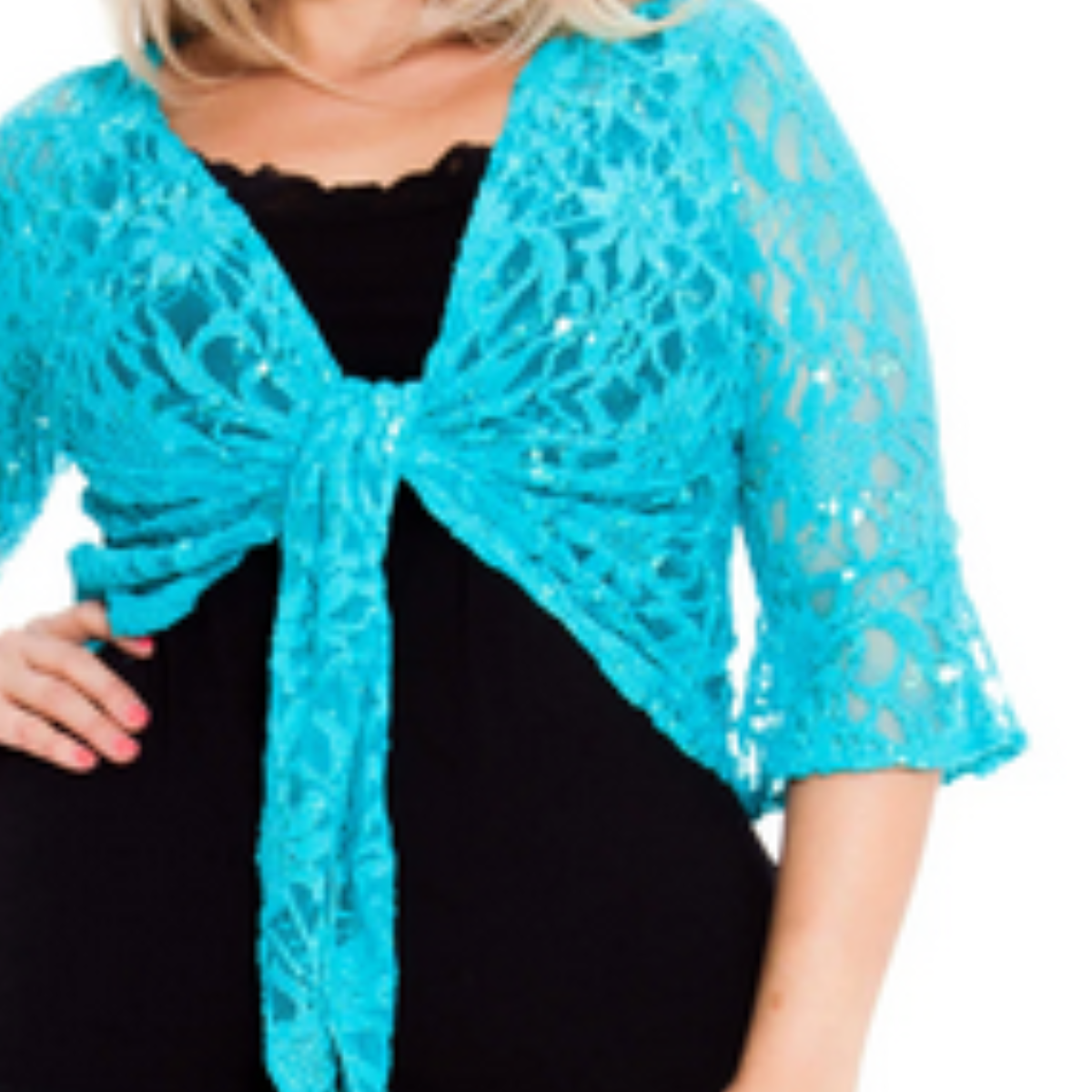 SEQUIN AND LACE 1/2 BELL SLEEVE TIE FRONT SHRUG / BOLERO JACKET