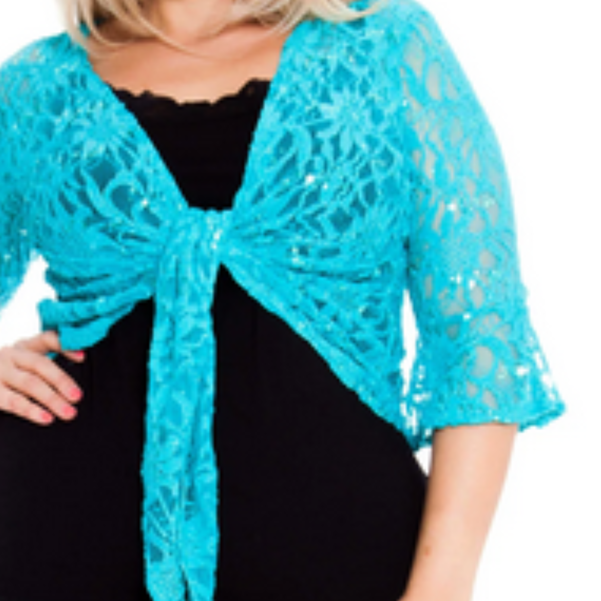 ROCKTHOSECURVES SEQUIN LACE 1/2 BELL SLEEVE TIE FRONT SHRUG / BOLERO JACKET