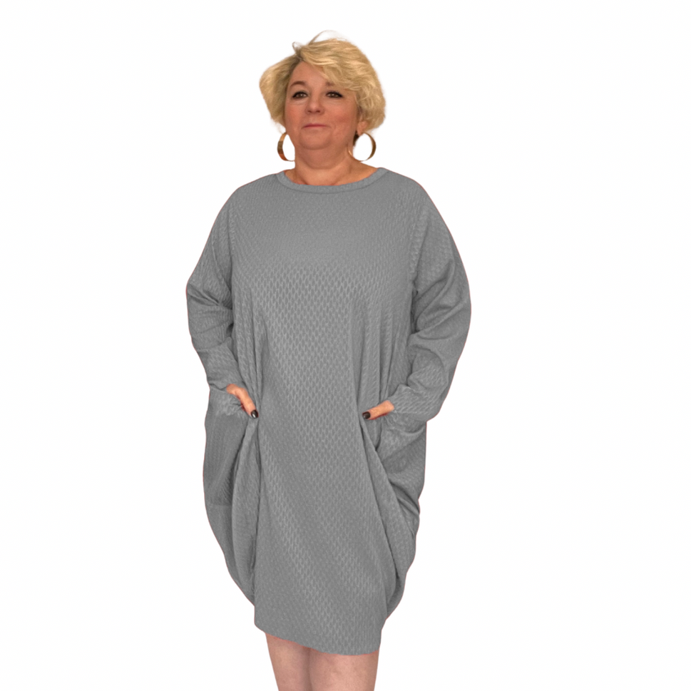 WAFFLE PATTERN LOOSE FITTING DRESS WITH SIDE POCKETSGrey / ONE SIZE