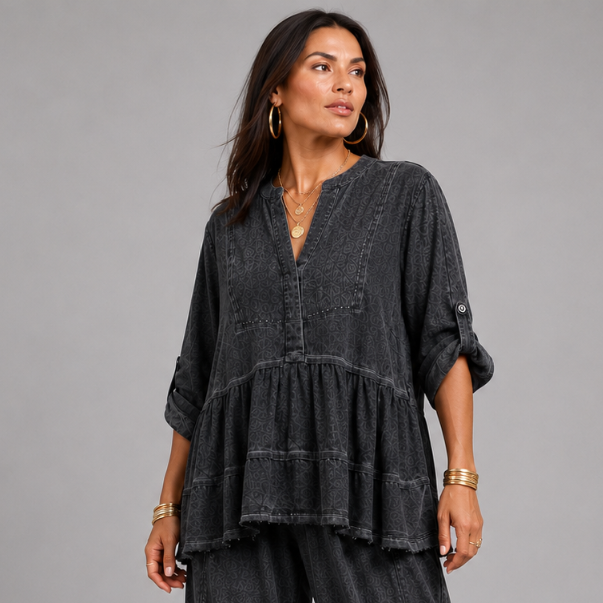 Stonewashed Cotton / Linen Tiered Oversized Tunic Top