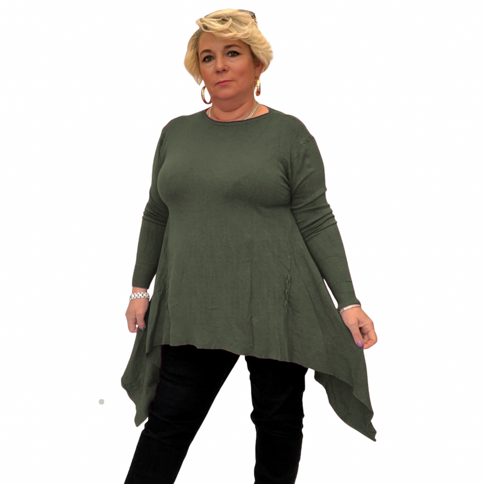 SUPER SOFT HANKY HEM LONG SLEEVE JUMPER WITH CROSS STITCHKhaki / UK 12-14