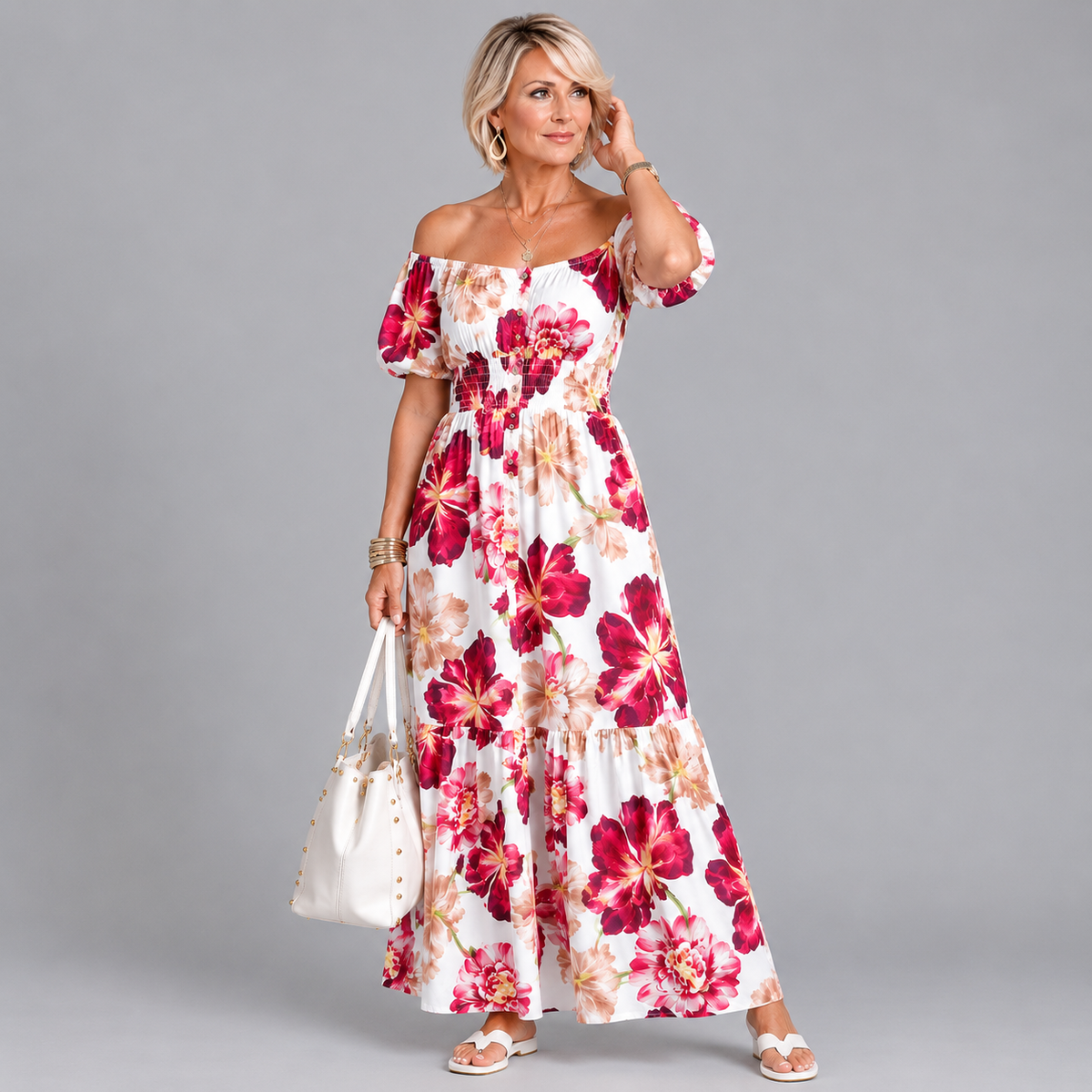 Wine Floral Bardot Gypsy Maxi Dress