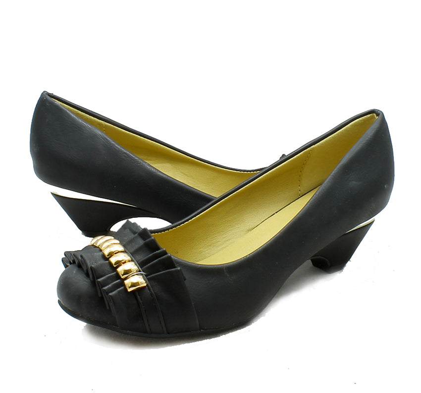 Faux leather kitten heel frilled front court shoes
