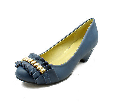 Faux leather kitten heel frilled front court shoesNavy Blue / UK 3