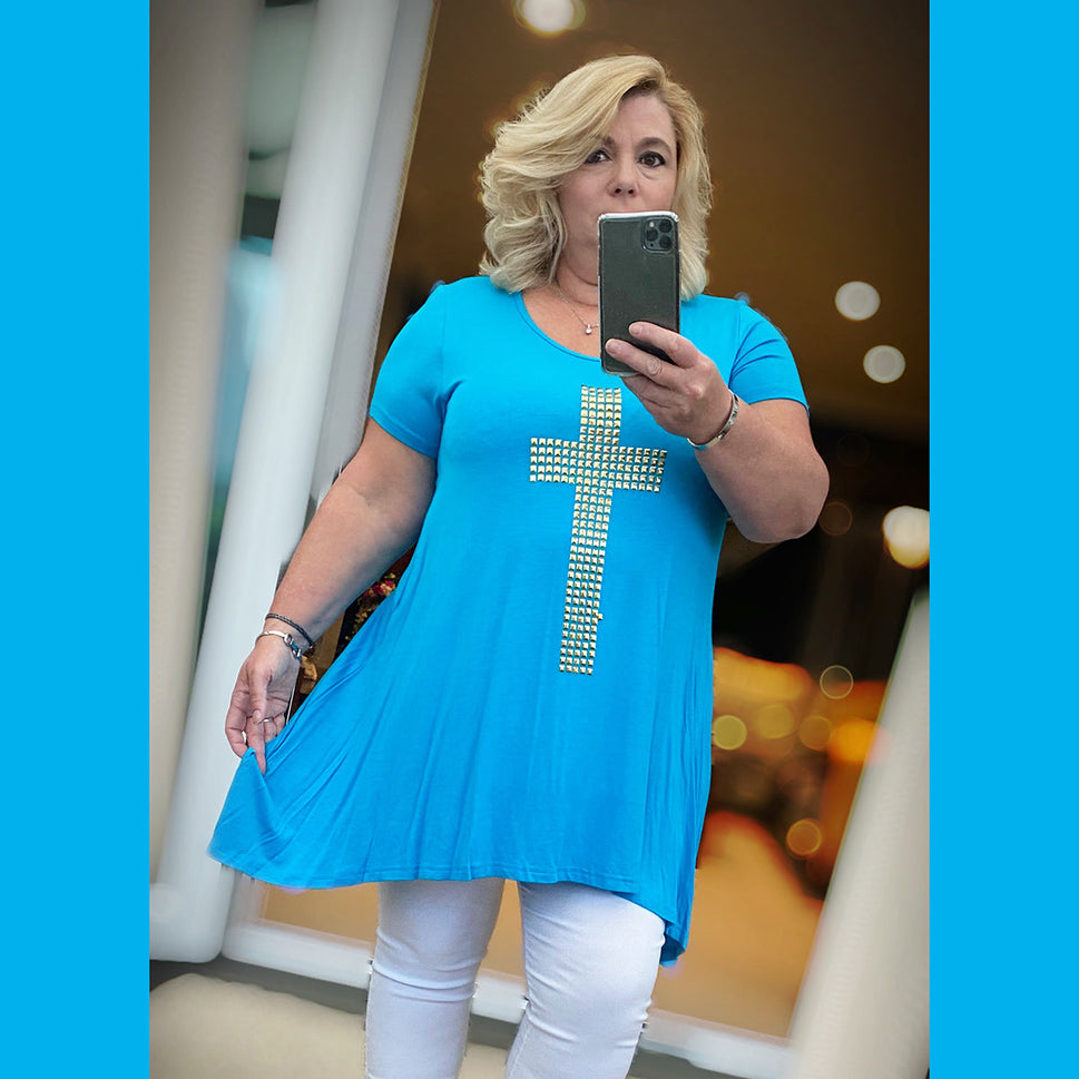 Short sleeve hanky hem plus size top with studded cross detailTurquoise / UK 12-14