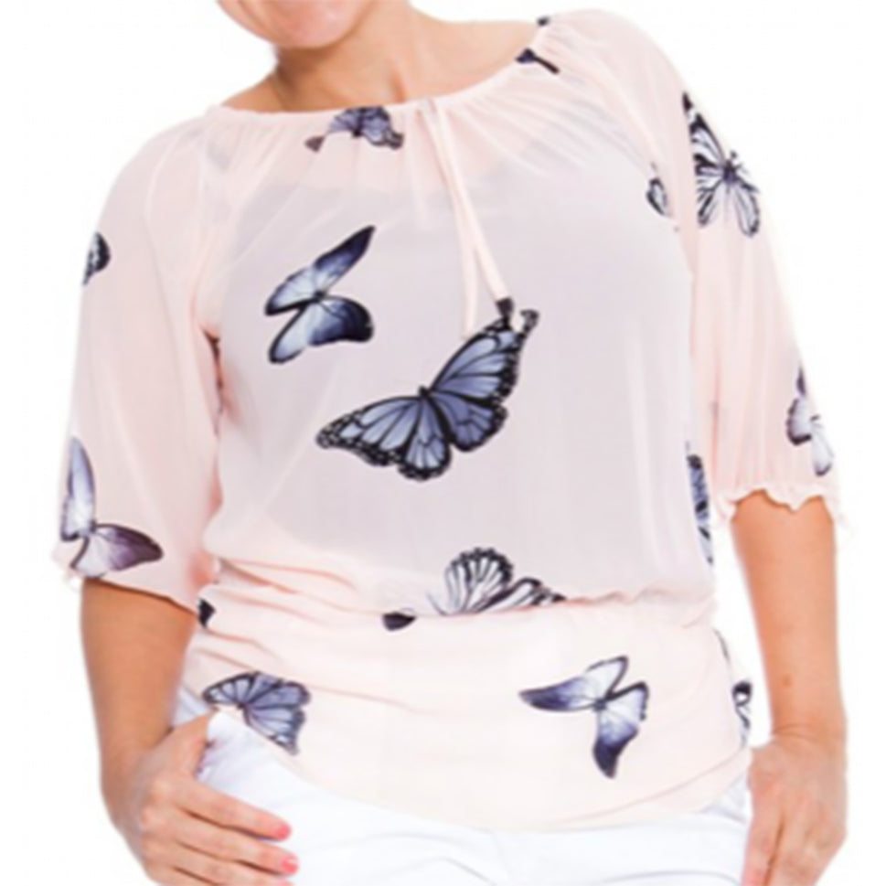 Pretty Bardot Blouse with Butterfly print and elastic waistPeach Butterfly / UK 16-18