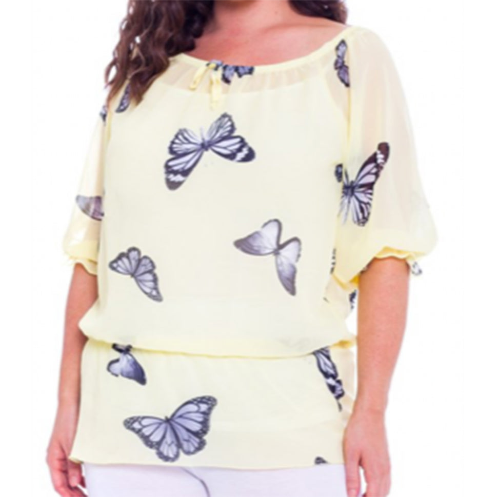 Pretty Bardot Blouse with Butterfly print and elastic waistYellow Butterfly / UK 16-18