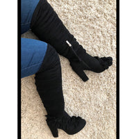 Black suedette knee boots - frilled toe and block heel