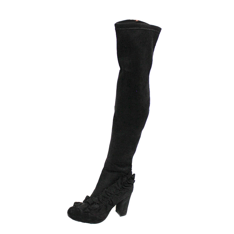 Black suedette knee boots - frilled toe and block heel
