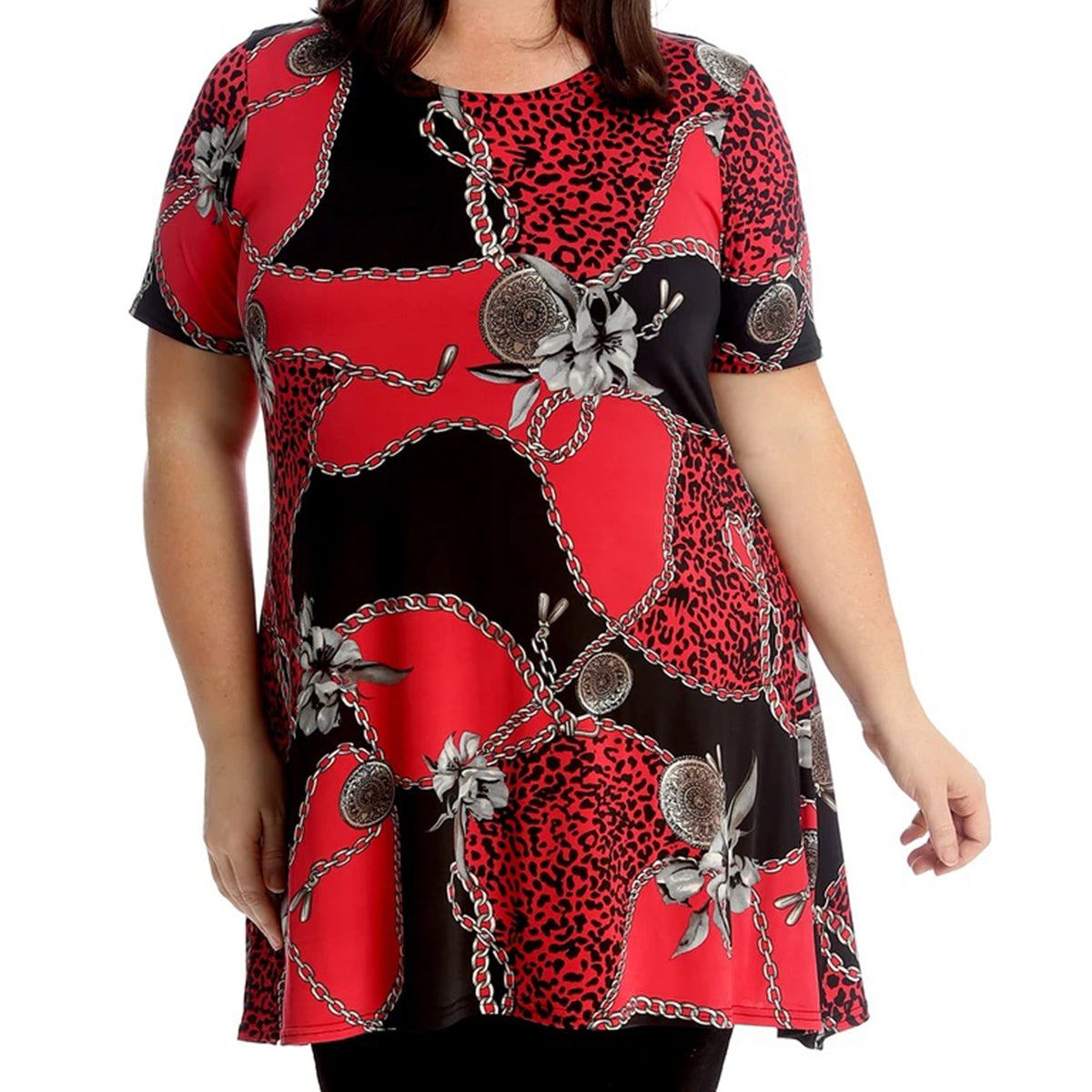 Chain Print Short sleeve swing top Plus size long blouse