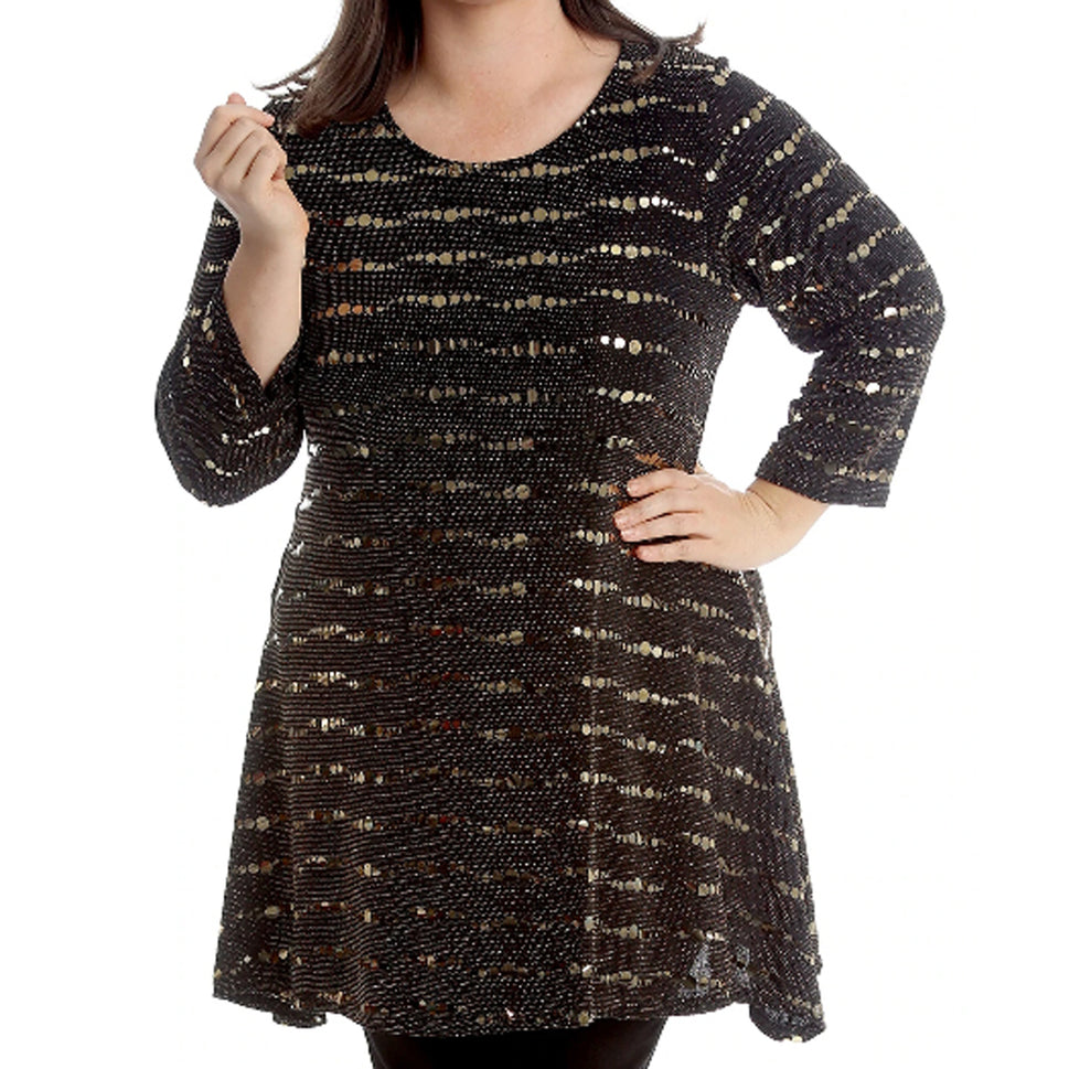 ROCKTHOSECURVES SEQUIN SPARKLY LONG SLEEVE SWING TOP PARTY STYLEBlack / Gold Sequin / UK 14