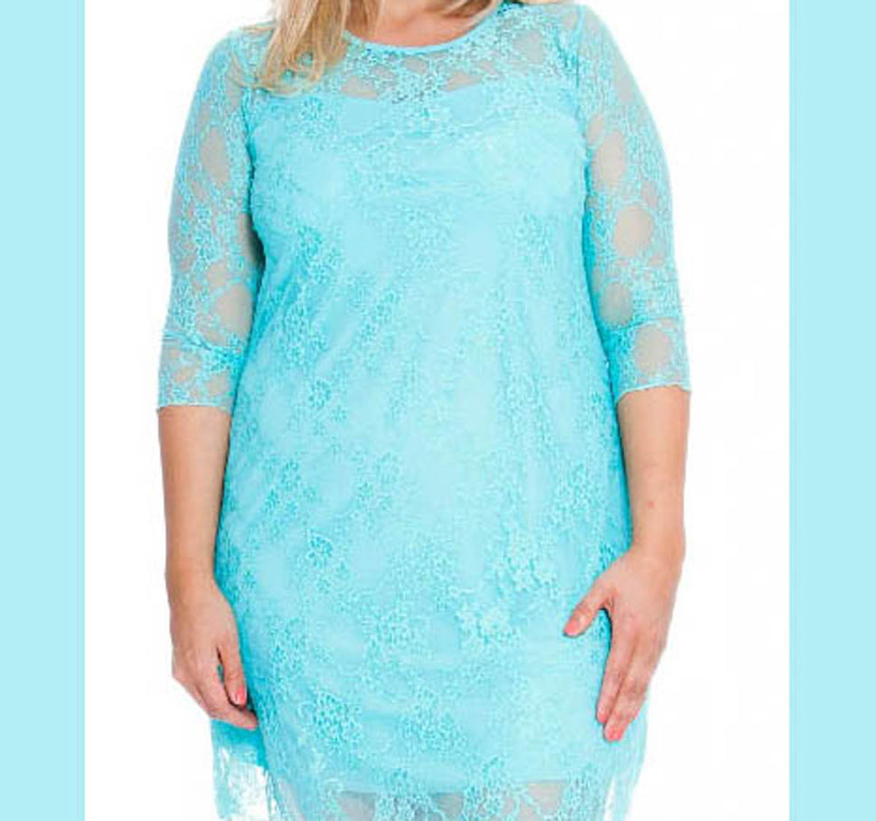 FINE LACE 3/4 SLEEVE SWING DRESS WITH SWEETHEART NECKLINEAqua / UK 12-14