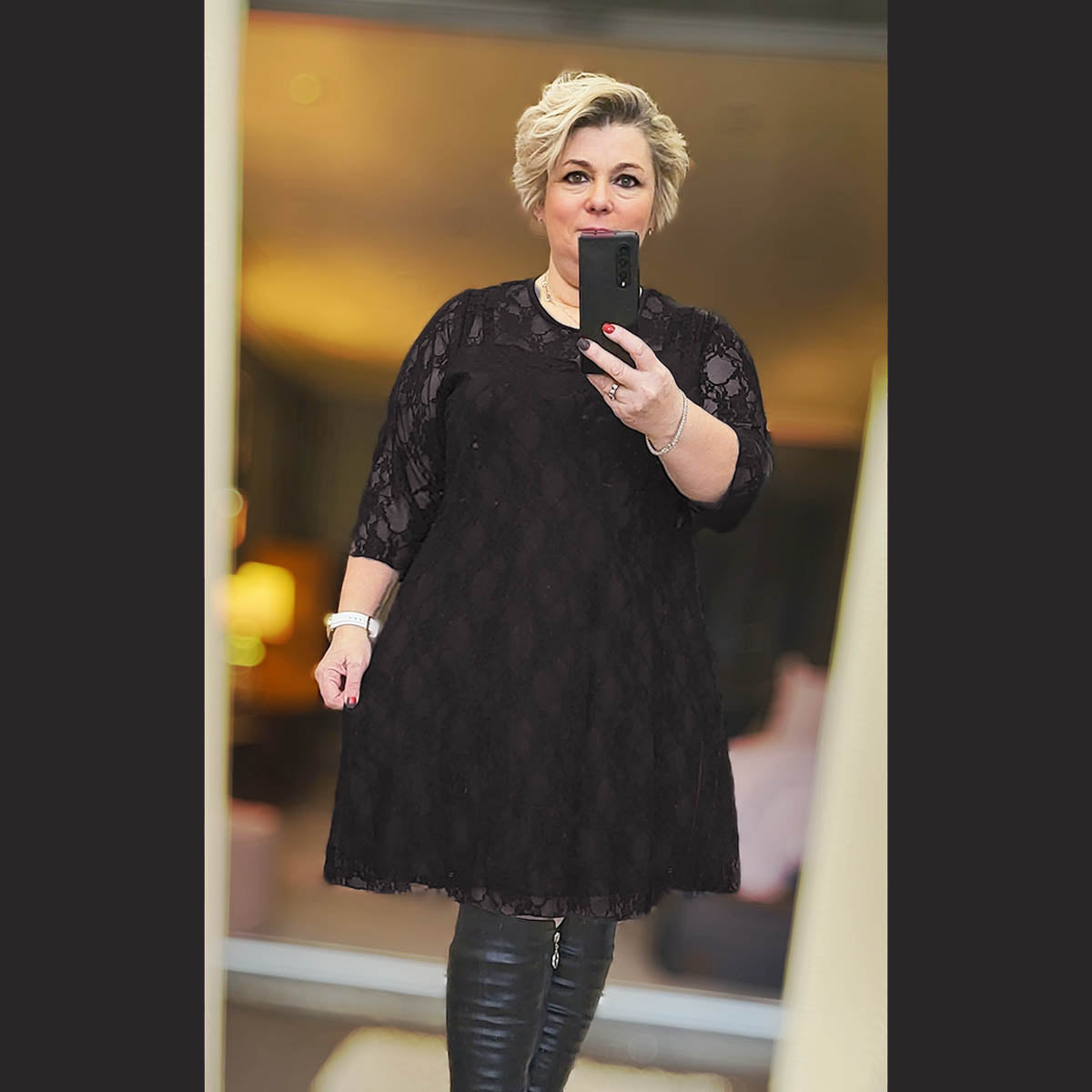 Fine Lace 3/4 sleeve lined swing dress - plus sizes